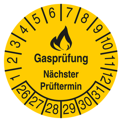 Pr&uuml;fplakette Gaspr&uuml;fung N&auml;chster Pr&uuml;ftermin Gelb