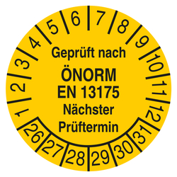 Pr&uuml;fplakette Gepr&uuml;ft nach &Ouml;NORM EN 13175 N&auml;chster Pr&uuml;ftermin Gelb