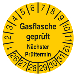 Pr&uuml;fplakette Gasflasche gepr&uuml;ft N&auml;chster Pr&uuml;ftermin Gelb