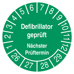 Pr&uuml;fplakette Defibrillator gepr&uuml;ft N&auml;chster Pr&uuml;ftermin Gr&uuml;n