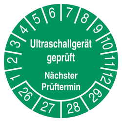 Pr&uuml;fplakette Ultraschallger&auml;t gepr&uuml;ft N&auml;chster Pr&uuml;ftermin Gr&uuml;n