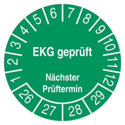 Pr&uuml;fplakette EKG gepr&uuml;ft N&auml;chster Pr&uuml;ftermin Gr&uuml;n