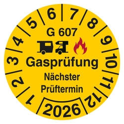 Pr&uuml;fplakette Gaspr&uuml;fung N&auml;chster Pr&uuml;ftermin G 607 mit Jahreszahl Gelb