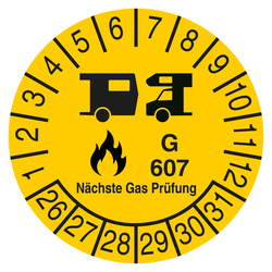 Pr&uuml;fplakette N&auml;chste Gas Pr&uuml;fung G 607 Gelb