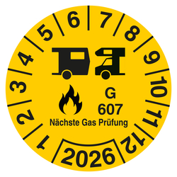 Pr&uuml;fplakette N&auml;chste Gas Pr&uuml;fung G 607 mit Jahreszahl Gelb