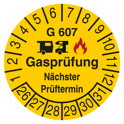 Pr&uuml;fplakette Gaspr&uuml;fung N&auml;chster Pr&uuml;ftermin G 607 Gelb