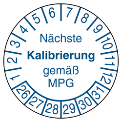 Pr&uuml;fplakette N&auml;chste Kalibrierung gem&auml;&szlig; MPG Wei&szlig;