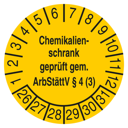 Pr&uuml;fplakette Chemikalienschrank gepr&uuml;ft gem. ArbSt&auml;ttV &sect; 4 (3) Gelb