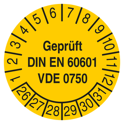 Pr&uuml;fplakette Gepr&uuml;ft DIN EN 60601 VDE 0750 Gelb