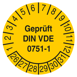 Pr&uuml;fplakette Gepr&uuml;ft DIN VDE 0751-1 Gelb