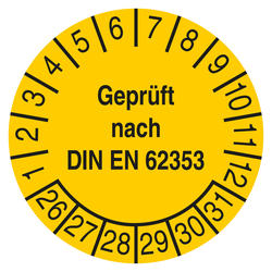 Pr&uuml;fplakette Gepr&uuml;ft nach DIN EN 62353 Gelb
