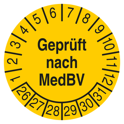 Pr&uuml;fplakette Gepr&uuml;ft nach MedBV Gelb