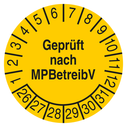 Pr&uuml;fplakette Gepr&uuml;ft nach MPBetreibV Gelb