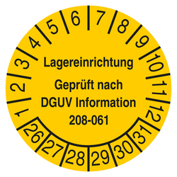 Pr&uuml;fplakette Lagereinrichtung Gepr&uuml;ft nach DGUV Information 208-061 Gelb