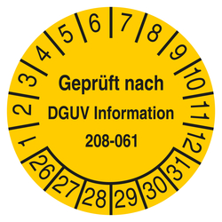 Pr&uuml;fplakette Gepr&uuml;ft nach DGUV Information 208-061 Gelb