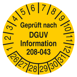 Pr&uuml;fplakette Gepr&uuml;ft nach DGUV Information 208-043 Gelb