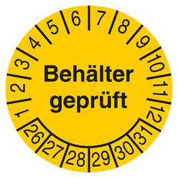 Pr&uuml;fplakette Beh&auml;lter gepr&uuml;ft Gelb