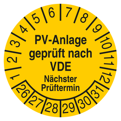 Pr&uuml;fplakette PV-Anlage gepr&uuml;ft nach VDE N&auml;chster Pr&uuml;ftermin Gelb