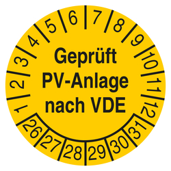 Pr&uuml;fplakette Gepr&uuml;ft PV-Anlage nach VDE Gelb