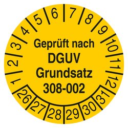 Pr&uuml;fplakette Gepr&uuml;ft nach DGUV Grundsatz 308-002 Gelb