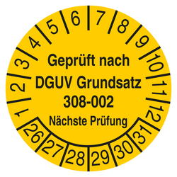 Pr&uuml;fplakette Gepr&uuml;ft nach DGUV Grundsatz 308-002 N&auml;chste Pr&uuml;fung Gelb