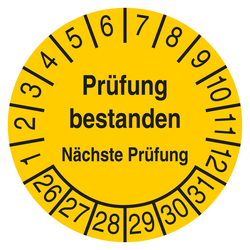 Pr&uuml;fplakette Pr&uuml;fung bestanden N&auml;chste Pr&uuml;fung Gelb