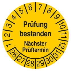 Pr&uuml;fplakette Pr&uuml;fung bestanden N&auml;chster Pr&uuml;ftermin Gelb