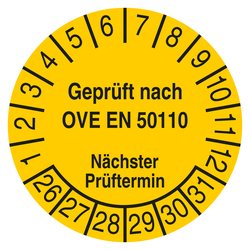 Pr&uuml;fplakette Gepr&uuml;ft nach OVE EN 50110 N&auml;chster Pr&uuml;ftermin Gelb
