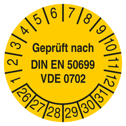 Pr&uuml;fplakette Gepr&uuml;ft nach DIN EN 50699 VDE 0702 Gelb