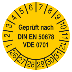 Pr&uuml;fplakette Gepr&uuml;ft nach DIN EN 50678 VDE 0701 Gelb