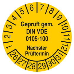 Pr&uuml;fplakette Gepr&uuml;ft gem. DIN VDE 0105-100 N&auml;chster Pr&uuml;ftermin Gelb