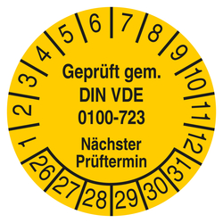 Pr&uuml;fplakette Gepr&uuml;ft gem. DIN VDE 0100-723 N&auml;chster Pr&uuml;ftermin Gelb