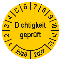 Pr&uuml;fplakette Dichtigkeit gepr&uuml;ft Gelb