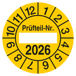 Pr&uuml;fplakette Pr&uuml;fteil-Nr. mit Jahreszahl Gelb