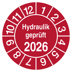 Pr&uuml;fplakette Hydraulik gepr&uuml;ft mit Jahreszahl Rot