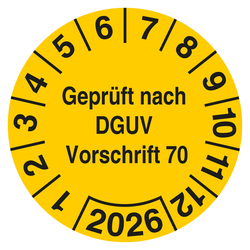 Pr&uuml;fplakette gepr&uuml;ft nach DGUV Vorschrift 70 Gelb