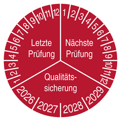 Pr&uuml;fplakette Letzte Pr&uuml;fung N&auml;chste Pr&uuml;fung Qualit&auml;tssicherung Rot