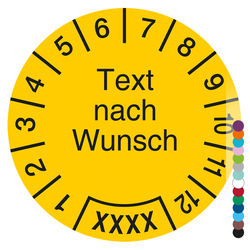 Jahrespr&uuml;fplakette mit Wunschtext und Wunschfarbe rund, Jahreszahl vierstellig