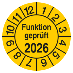 Pr&uuml;fplakette Funktion gepr&uuml;ft mit Jahreszahl Gelb