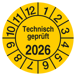 Pr&uuml;fplakette Technisch gepr&uuml;ft mit Jahreszahl Gelb