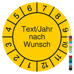 Jahrespr&uuml;fplakette mit Wunschtext, Jahreszahl und Wunschfarbe rund