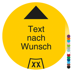 Jahrespr&uuml;fplakette mit Wunschtext und Pfeil, Jahreszahl zweistellig rund