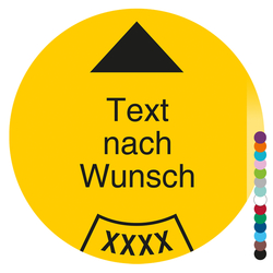 Jahrespr&uuml;fplakette mit Wunschtext und Pfeil, Jahreszahl vierstellig rund