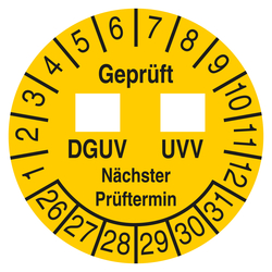 Pr&uuml;fplakette Gepr&uuml;ft DGUV UVV N&auml;chster Pr&uuml;ftermin Gelb
