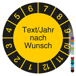 Jahrespr&uuml;fplakette mit Wunschtext, Jahr und Wunschfarbe rund