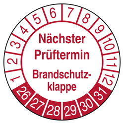 Pr&uuml;fplakette N&auml;chster Pr&uuml;ftermin Brandschutzklappe Wei&szlig;