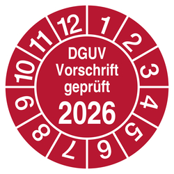 Pr&uuml;fplakette DGUV Vorschrift gepr&uuml;ft mit Jahreszahl Rot