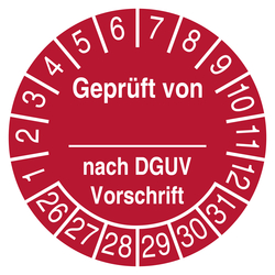 Pr&uuml;fplakette Gepr&uuml;ft von nach DGUV Vorschrift Rot