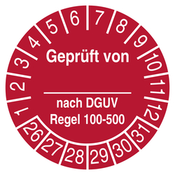 Pr&uuml;fplakette Gepr&uuml;ft von nach DGUV Regel 100-500 Rot
