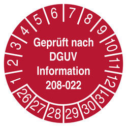 Pr&uuml;fplakette Gepr&uuml;ft nach DGUV Information 208-022 Rot